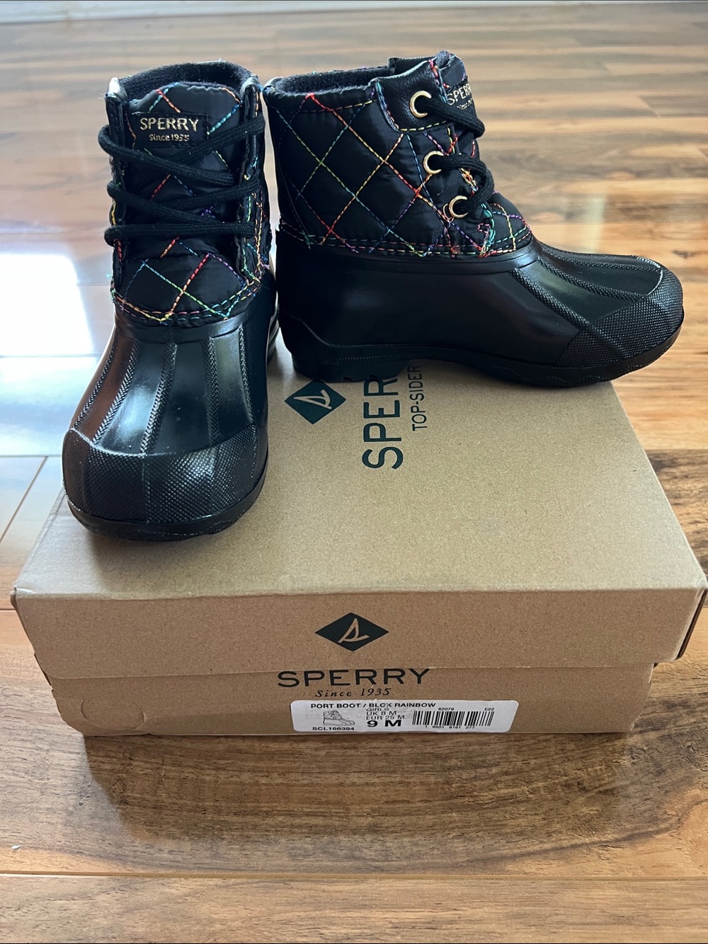 Sperry Girls Port Boot Black Rainbow Quilted Rain Snow Boots Toddler Size 9M NIB
